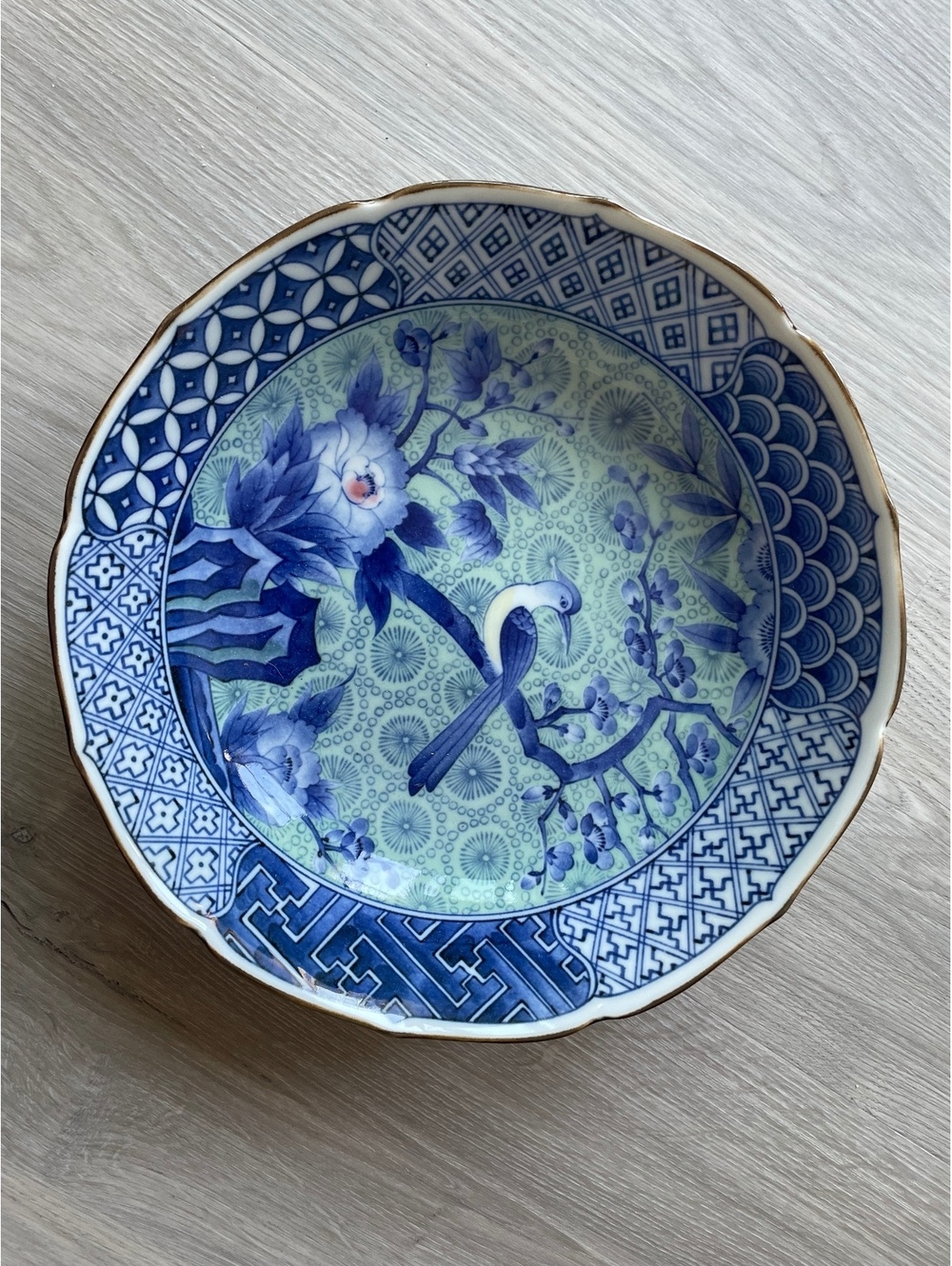 Vintage Japanese Arita-Yaki Porcelain Bird & Floral Bowl – 9-3/4"DIA